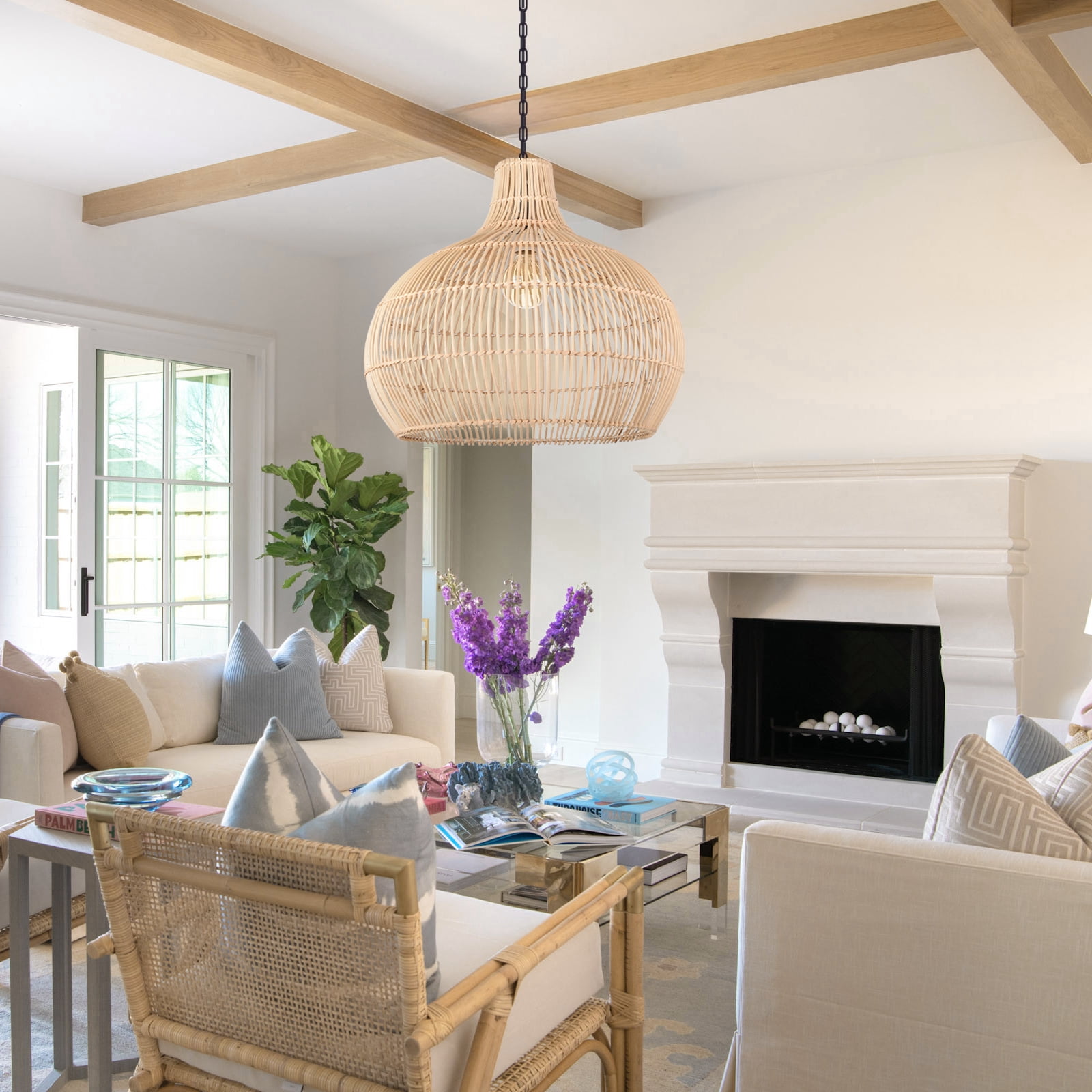LittleGlovo Boho Home Decor Kitchen Island Rattan Bamboo Pendant Light Basket Weave Linear Chandelier