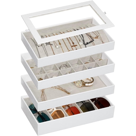 4-Layer Stacble  Organizer Trays with Tempered Glass Lid, White PU Leather  Drawer Inserts Display Case, Large Storage Box for Earring Necklace Ring Sunglasses