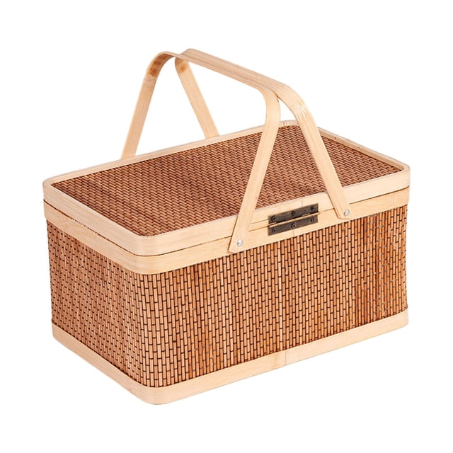 Cesta de bambú tejida, portátil, organizador de refrigerios de comida con tapa y asa, cesta de picnic , refrigerios, frutas, picnic, cocina