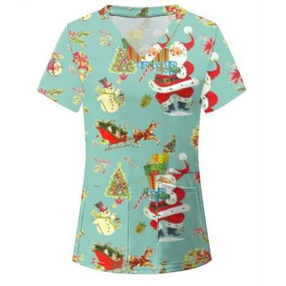 Liacowi Women Christmas Scrub Top Christmas Nurse Uniforms Short Sleeve Xmas Cartoon Printed T-Shirt