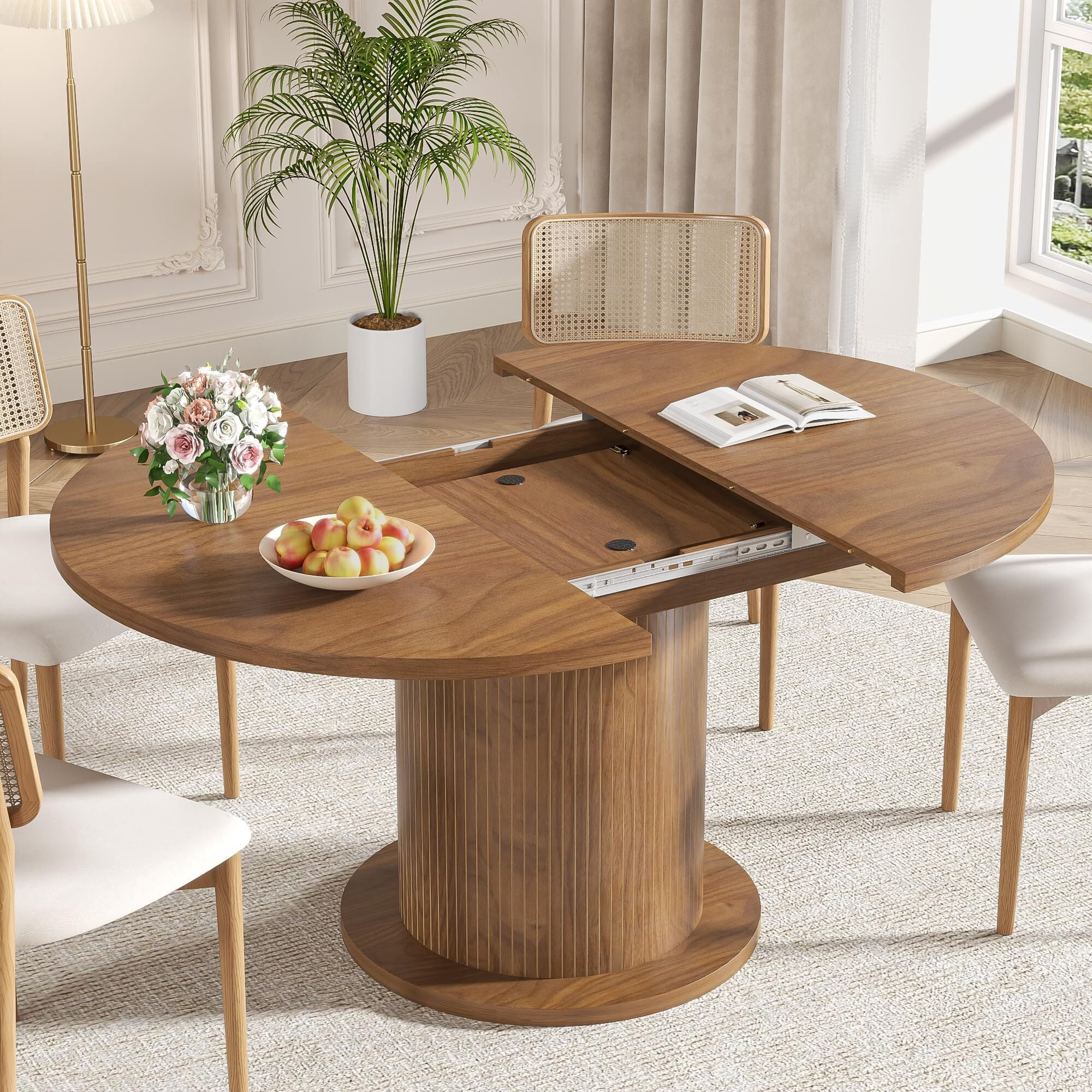Extendable Wooden Round Dining Table, Modern Farmhouse Kitchen Table for 4-6, Walnut