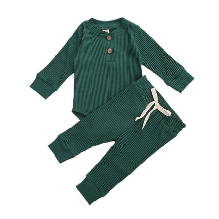 

Qtinghua 2Pcs Newborn Baby Boy Girl Long Sleeve Romper Bodysuit Top Pants Pajamas Ribbed Fall Winter Outfits Green 18-24 Months