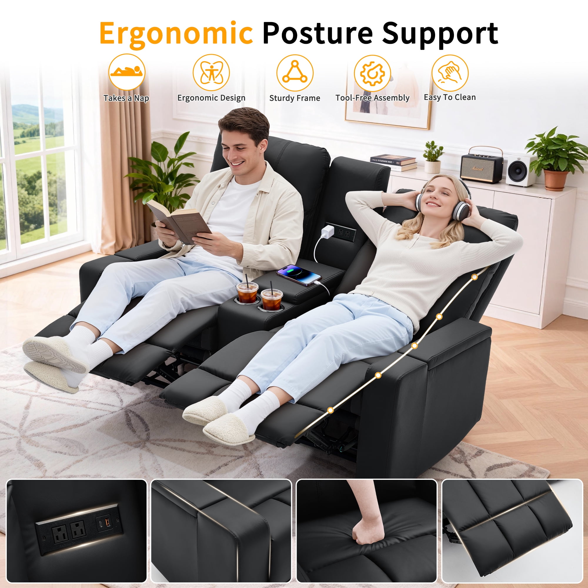 Korser Reclining Loveseat with Cup Holders,2-Seater Recliner Sofa with USB Ports & Type C Double Manual Recliner Chair for Living Room,Faux Leather,Black