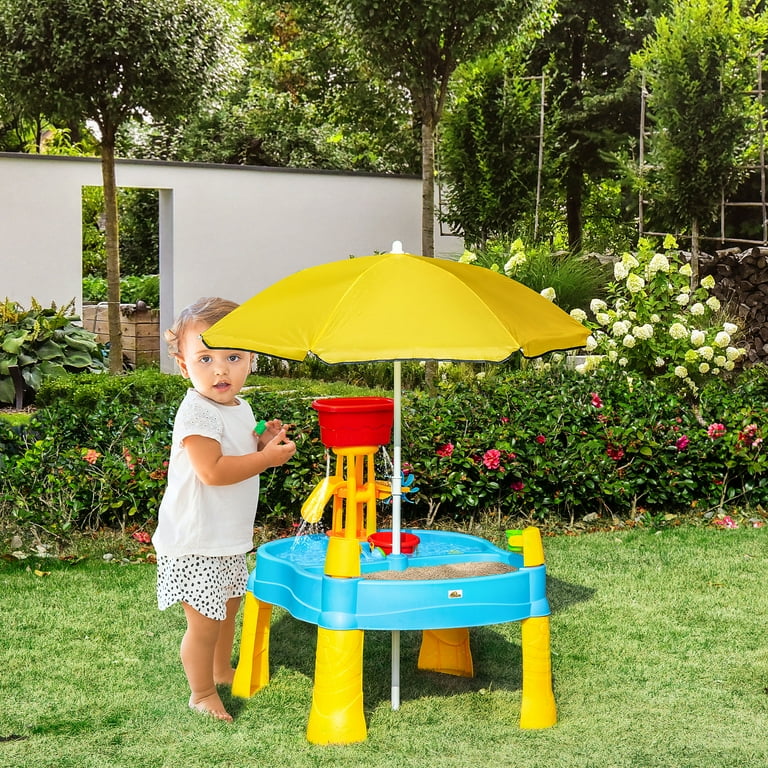 Qaba 2 in 1 Covered Sandbox Table with Umbrella for Outdoors and Indoors 25 Piece Sand and Water Table for Toddlers Little Kids Toys