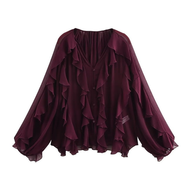 Ailaofu Ruffled Multi-Layered Summer Blouse for Women Trendy Semi See Through V-Neck Long Sleeve Button Chiffon Shirt Tops
