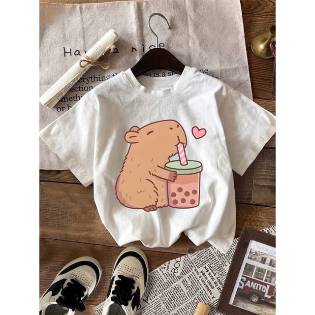 Débardeur d'Été pour Filles à Imprimé Capybara - Décontracté, Mélange de Coton Extensible, Lavable en Machine, Col Rond, T-Shirt Capybara, Style Décontracté, Cultiva