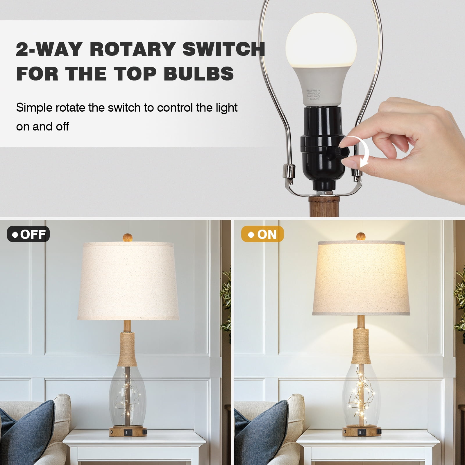 Cinkeda Table Lamps Set of 2 for Living Room Bedroom 27" Tall Boho Modern 3 Way Dimmable Touch Bedside Nightstand Lamp with USB C+A Ports AC Outlet Nightlight Rattan Rope Glass
