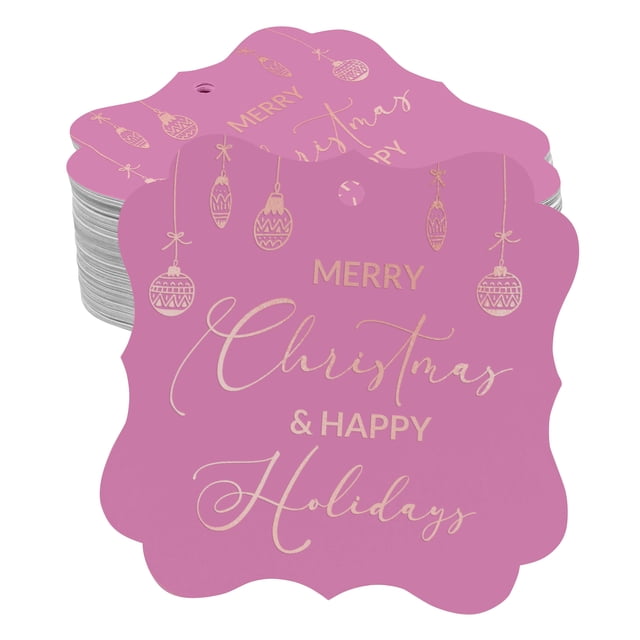 Inkdotpot Real Rose Gold Foil Bracket Shape Paper Hang Tags Merry Christmas & Happy Text Favor Tags Pack Of 50