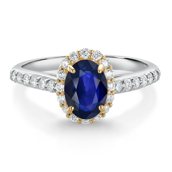 Gem Stone King 10K White Gold Blue Sapphire White White Lab Grown Diamond Halo Engagement Ring for Women (0.88 Cttw, Oval 7X5MM, Gemstone September Birthstone, Size 6)