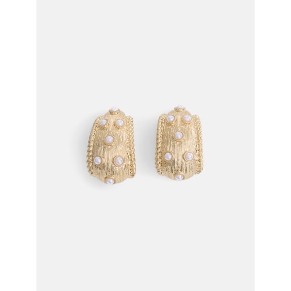 Scoop Faux Pearl Textured Hoop Earrings, Gold-Tone