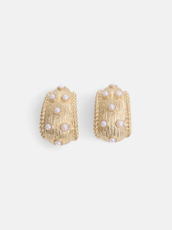 Faux Pearl Textured Hoop Earrings, Gold-Tone