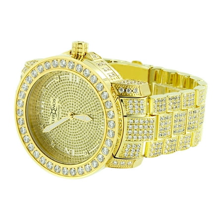 - Iced Out Mens Watch 14K Gold Finish Genuine Diamond Dial Khronos Stainless Steel Back Roman Dial