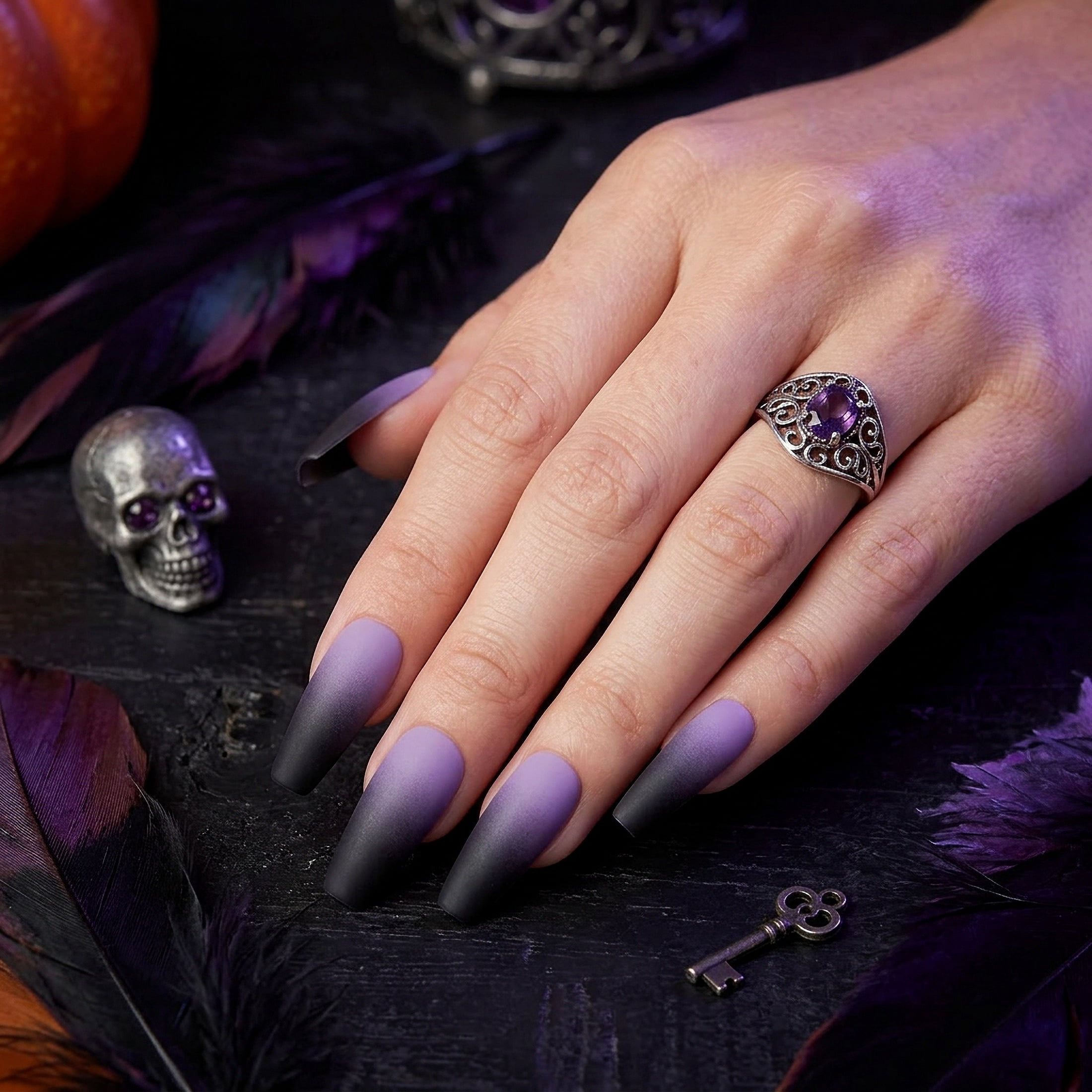 Expressions 24-Pack Self Adhesive Halloween Press-On Nails - Purple & Black Ombre