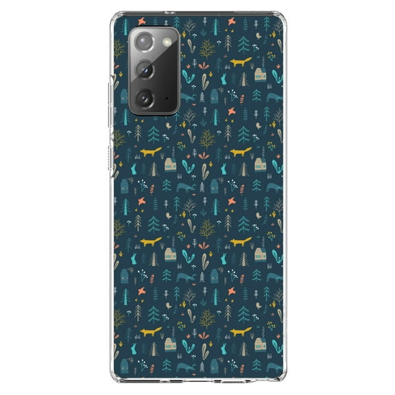 DistinctInk Clear Shockproof Hybrid Case for Galaxy Note 20 ULTRA (6.9" Screen) - TPU Bumper, Acrylic Back, Tempered Glass Screen Protector - Modern Floral - Navy - House, Deer, Tree