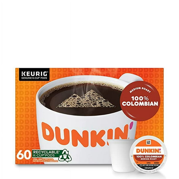Dunkin' 100% Colombian Medium Roast Coffee, 60 Keurig K-Cup Pods