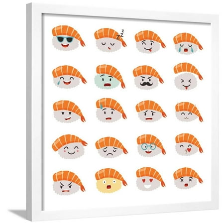 Sashimi Emoji Vector Set. Emoji Sushi with Faces Icons. Sushi Roll Funny Stickers. Food Cartoon Sty Framed Print Wall Art By