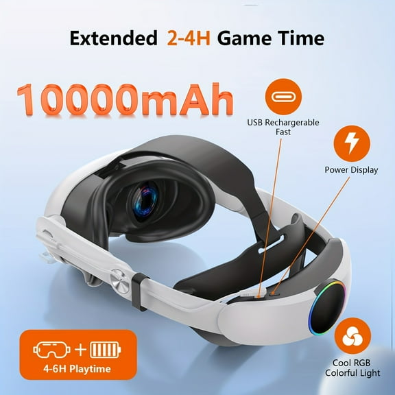 RGB Head Strap With Battery Compatible With Meta/Oculus Quest 3/Quest 3S, 10000mAh Fast Charging Battery Pack Extend 2-4H Playtime, Adjustable Elite Strap Enhanced Support & Balance In VR