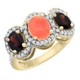 thumbnail image 1 of 10K Yellow Gold Natural Coral & Garnet 3-Stone Ring Oval Diamond Accent, size 8.5, 1 of 2