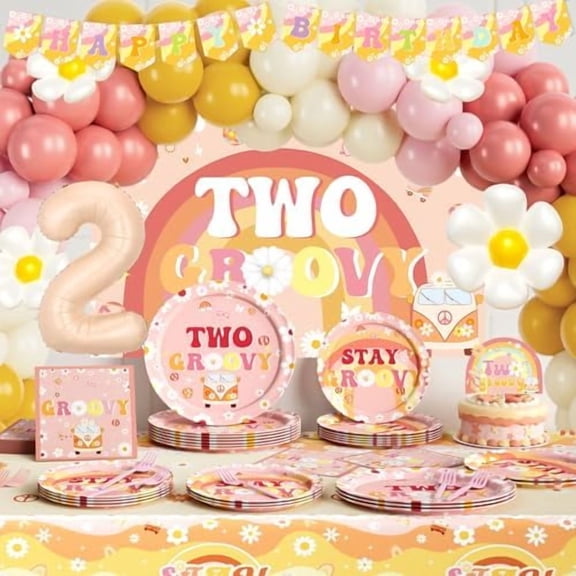 Two Groovy Birthday Decorations Girl, Groovy 2nd Birthday Decor, 257PCs Boho Daisy Hippie Second Party Supplies Tableware Set With Backdrop Balloon Plate Napkin Fork for 2 Year Old Girl