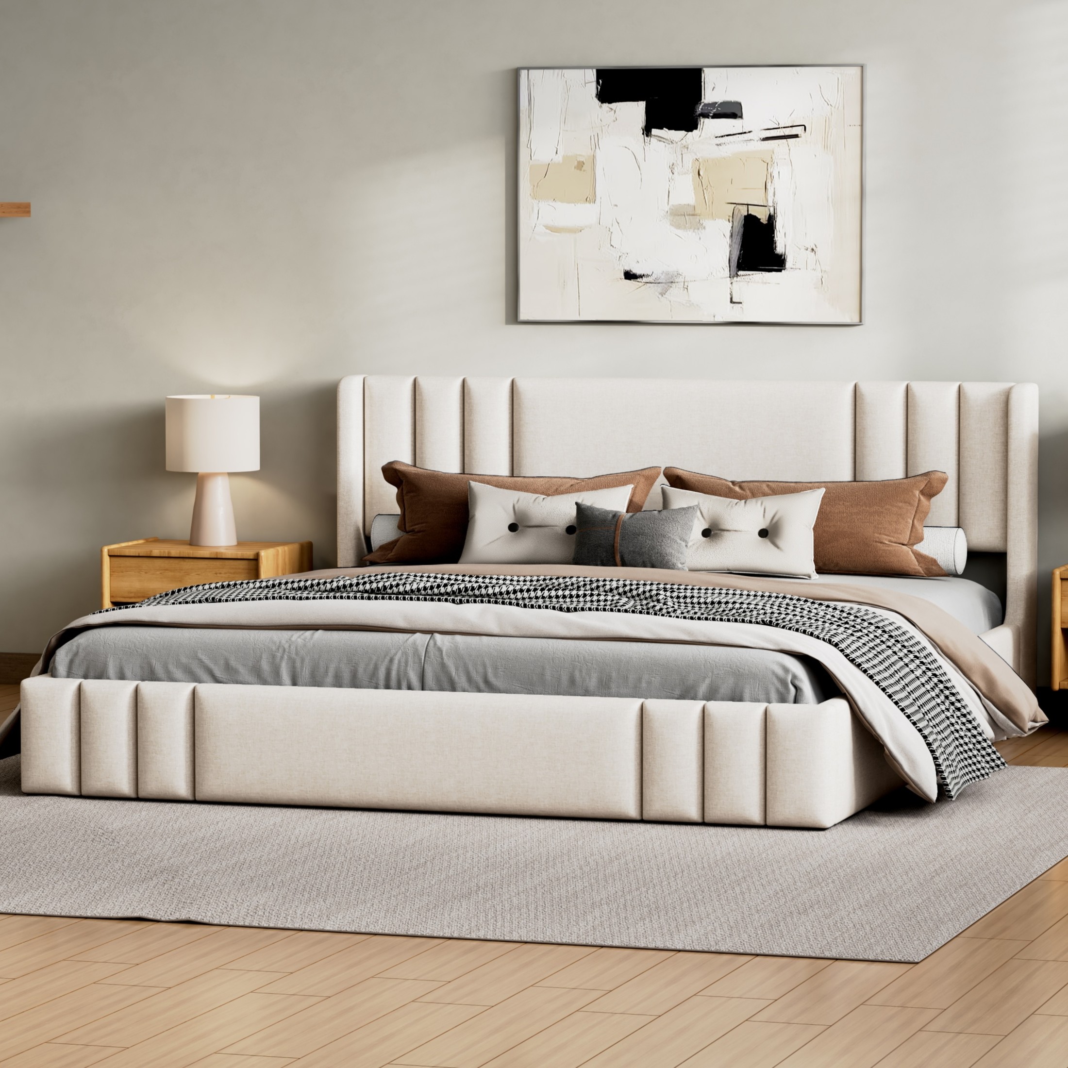 Noble House Arvion King Size Linen Upholstered Platform Bed Frame with Wingback Headboard and Center Support, Beige