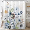 thumbnail image 1 of Cortina de ducha floral, cortinas de baño con flores azules y verdes, cortina de baño con plantas silvestres de primavera y naranja con 12 ganchos, 183 x 183 cm, tela impermeable, 1 of 6