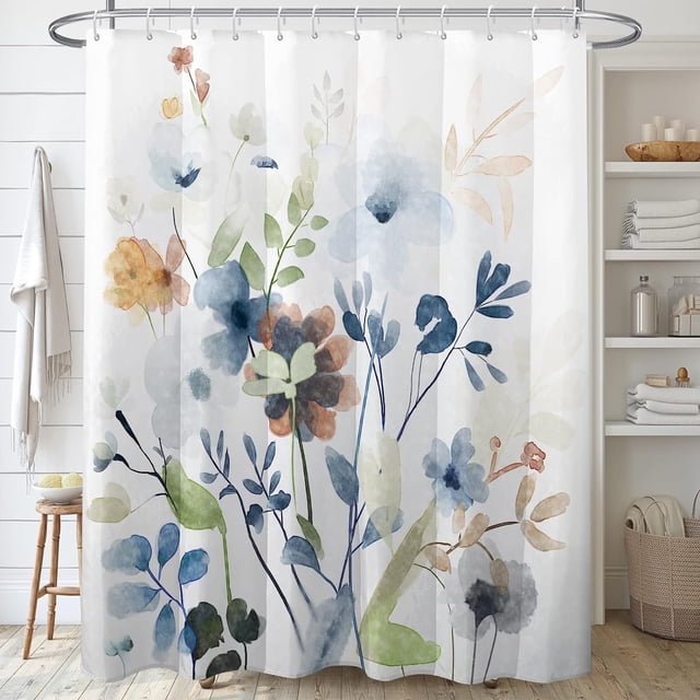 Cortina de ducha floral, cortinas de baño con flores azules y verdes, cortina de baño con plantas silvestres de primavera y naranja con 12 ganchos, 183 x 183 cm, tela impermeable