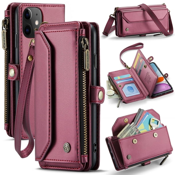 Bandolera para Billetera con Funda para iPhone 11【Bloqueo RFID】con Ranura para Billetes con Cremallera y 7 Tarjeteros, Correa Magnética para Hombro y Muñeca de Cuero PU Suave para Billetera