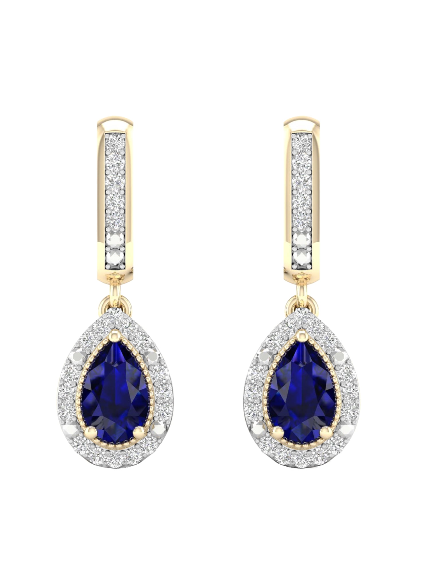 Round Shape Simulated Blue Sapphire With Natural Diamond Floral Drop Earrings In 10K Solid Gold