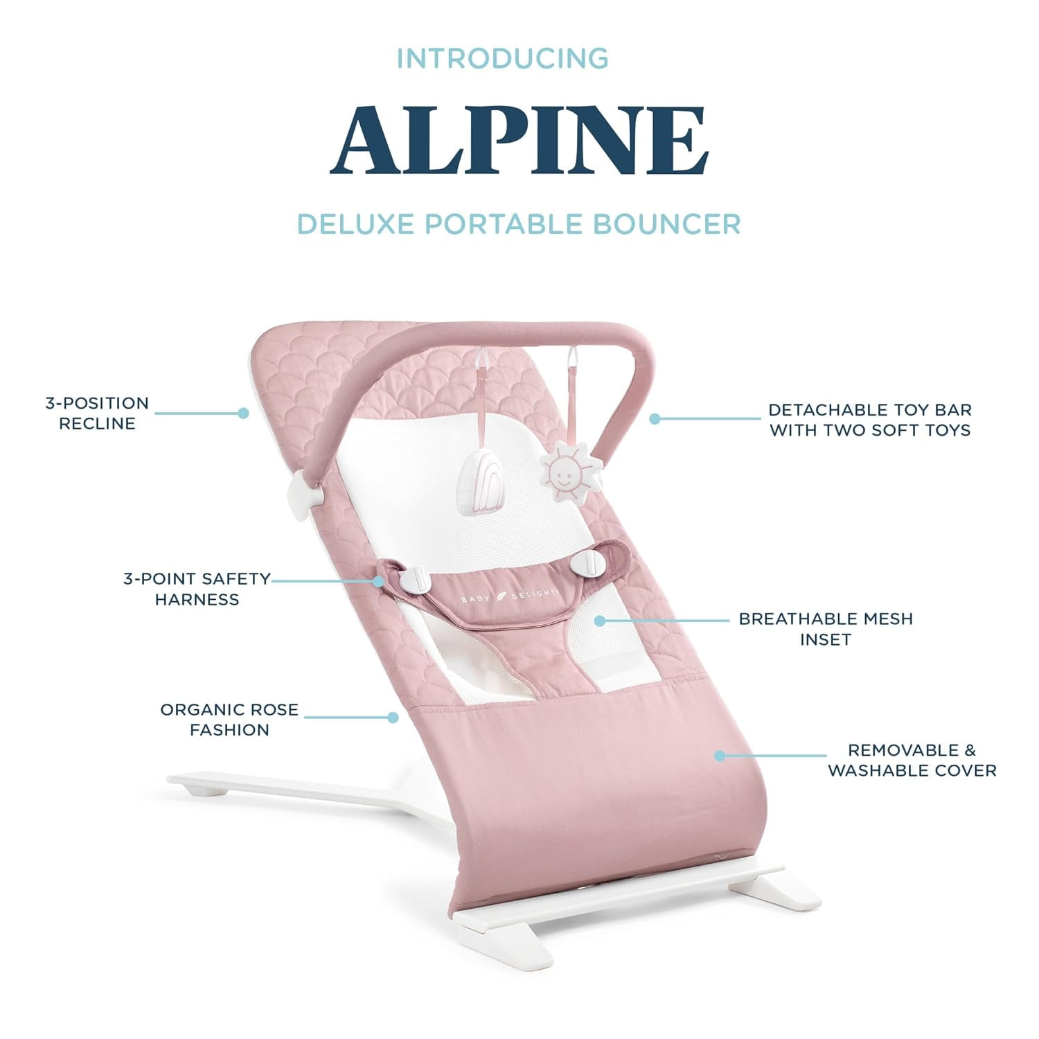 Baby Delight Alpine Organic Deluxe Portable Bouncer, Lightweight, Travel-Ready & Adjustable Recline, Organic Rose