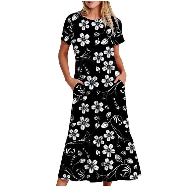 Dvkptbk Robes d'Été pour Femmes 2024 Mode Décontractée Bohème à Fleurs Robes de Plage Manches Courtes Col Rond Robe d'Été Fluide Maxi Robe de Plage Longue Robe Midi de Plage avec Poches P-2TG