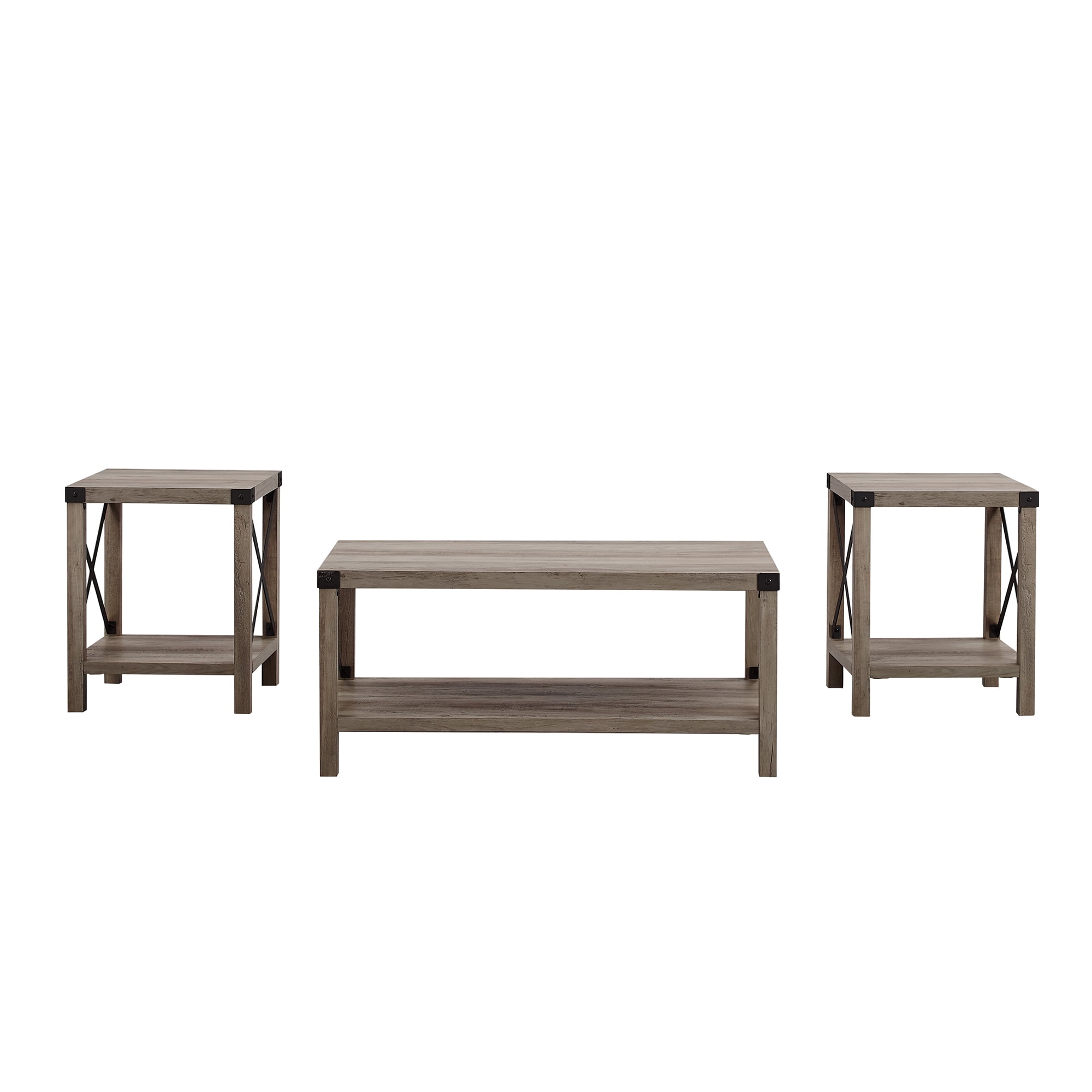 Manor Park 3-Piece Rustic Wood & Metal Coffee Table Set - Grey Wash