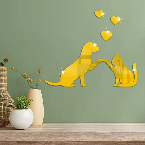 Pegatinas decorativas de pared acrílicas con diseño de animales | Vinilos decorativos removibles de perros y gatos | Arte de pared reflectante autoadhesivo para sala de estar, dormitorio infantil