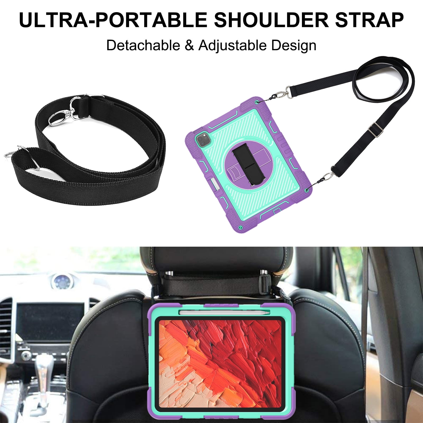 ELEHOLD 3-Layer Shockproof Case For iPad 8th/7th Generation, Rugged Cover with 360° Rotating Kickstand, Wrist Strap, Detachable Shoulder Strap, Pencil Holder, Purple+Mint