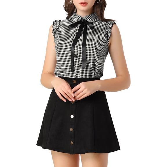 Unique Bargains Junior's Bow Tie Neck Ruffle Sleeveless Gingham Office Shirt Blouse Black L