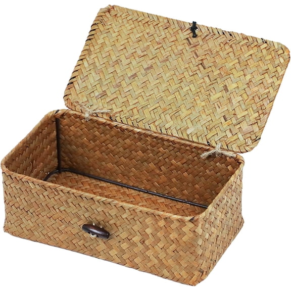Smal Storage Woven Basket with Lid Decorative Storage Boxes for Bathroom Bins Wicker Seagrass Baske with Lids