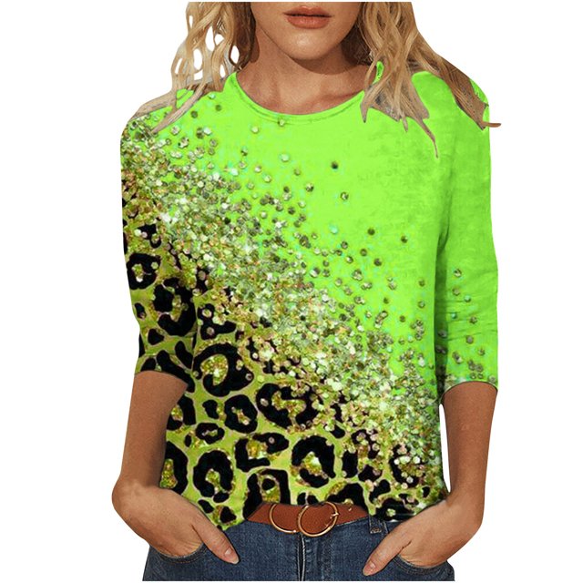 Meichang Chemise à Manches 3/4 pour Femmes Coupe Ample Imprimé Léopard Hauts Décontractés Col Rond T-Shirts Manches 3/4 Doux Extensibles Style Mode Vacances T-Shirts pour Jeans