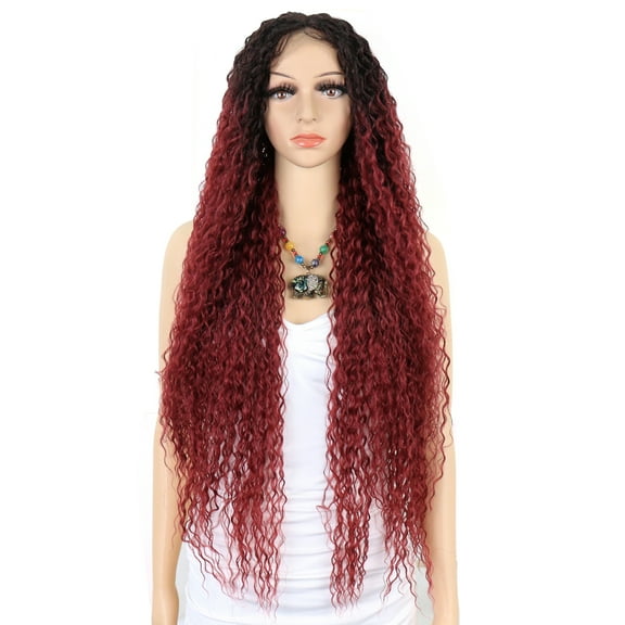 Unique Bargains Lace Front Wigs Long Water Wave for Women Red