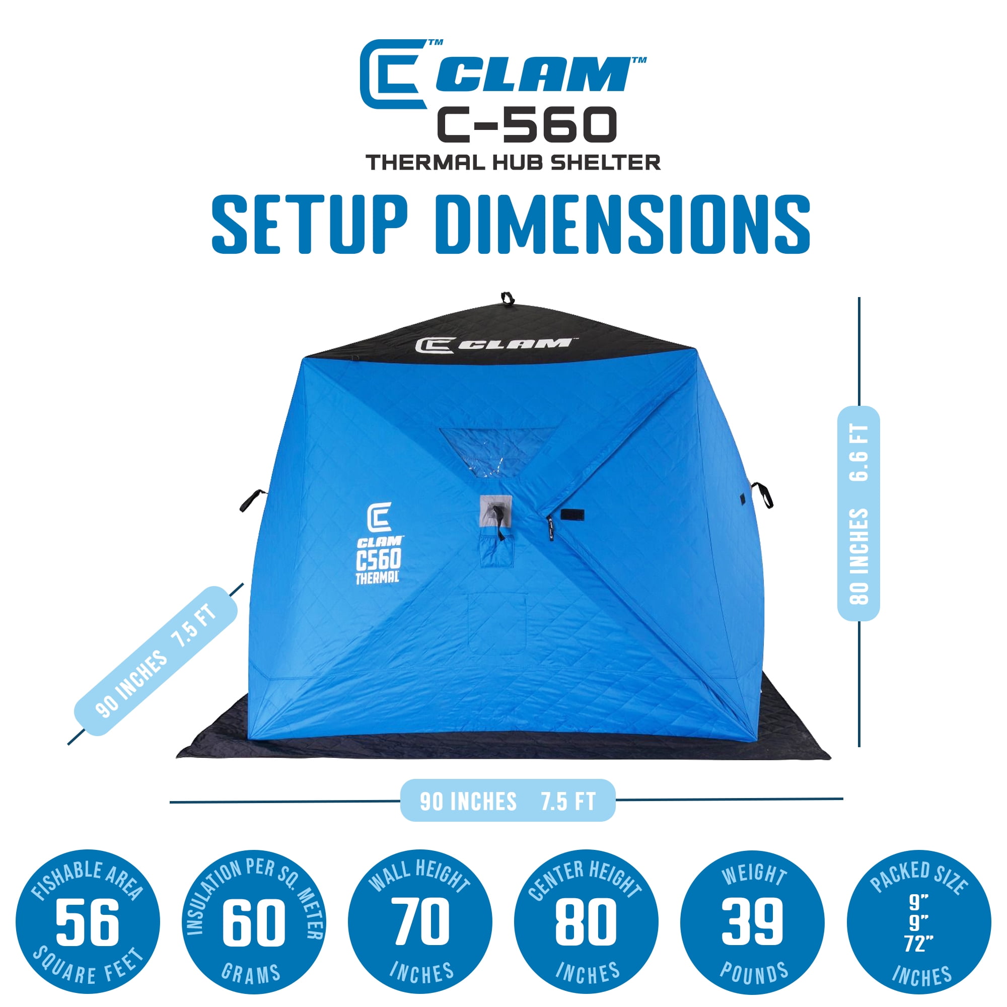 Clam Outdoors Portable Pop-up Ice Fishing 3-4 Person Fishing Hub Shelter,  7' 6 