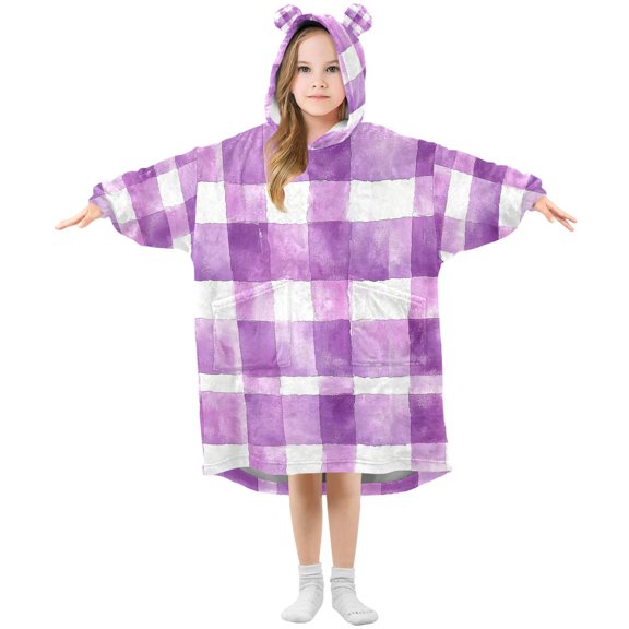 FORMRS Wearable Blanket Hoodie with Sleeves for Kids Cozy Flannel Sweatshirt, Purple and White Pattern
