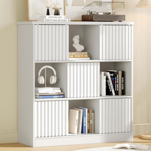 iPormis 9 Cube Bookcase Storage Organizer - 5 Fluted Sliding Doors, 3-Tier Wooden Bookshelf, 38.5" Freestanding Bookcase Shelf for Home/Office,White