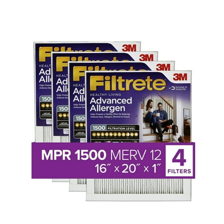Filtrete by 3M 16x20x1 MERV 12 Advanced Allergen Reduction HVAC Furnace Air Filter Captures Allergens Bacteria Viruses 1500 MPR 4 Filters