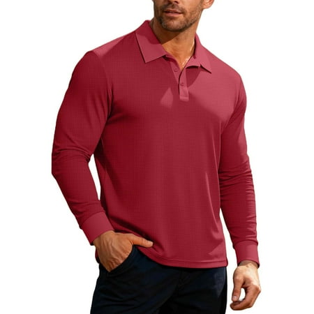 LNWUY Men s Casual Solid Color Flap Half-Button Long Sleeve Shirts Knit Golf Sweater Lightweight Ribbed Pullover Sweater Red S