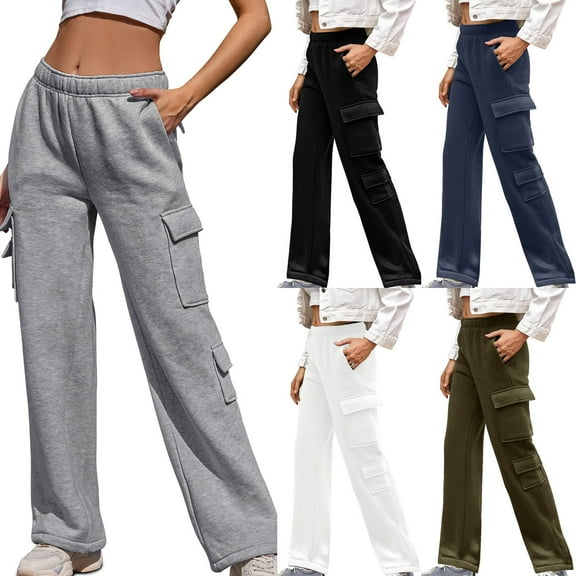 ZZwxWA Fleece Cargo Sweatpants for Women Baggy Wide Straight Leg Sweatpants Elastic High Waisted Joggers Pants with Pockets