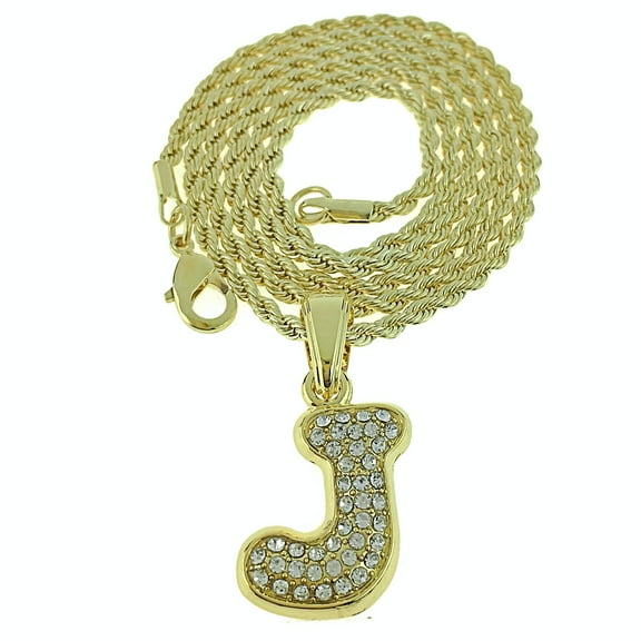 14K Gold Plated Micro Letter J Rope Chain Initial Monogram Pendant Monogram Hip Hop Necklace 24"