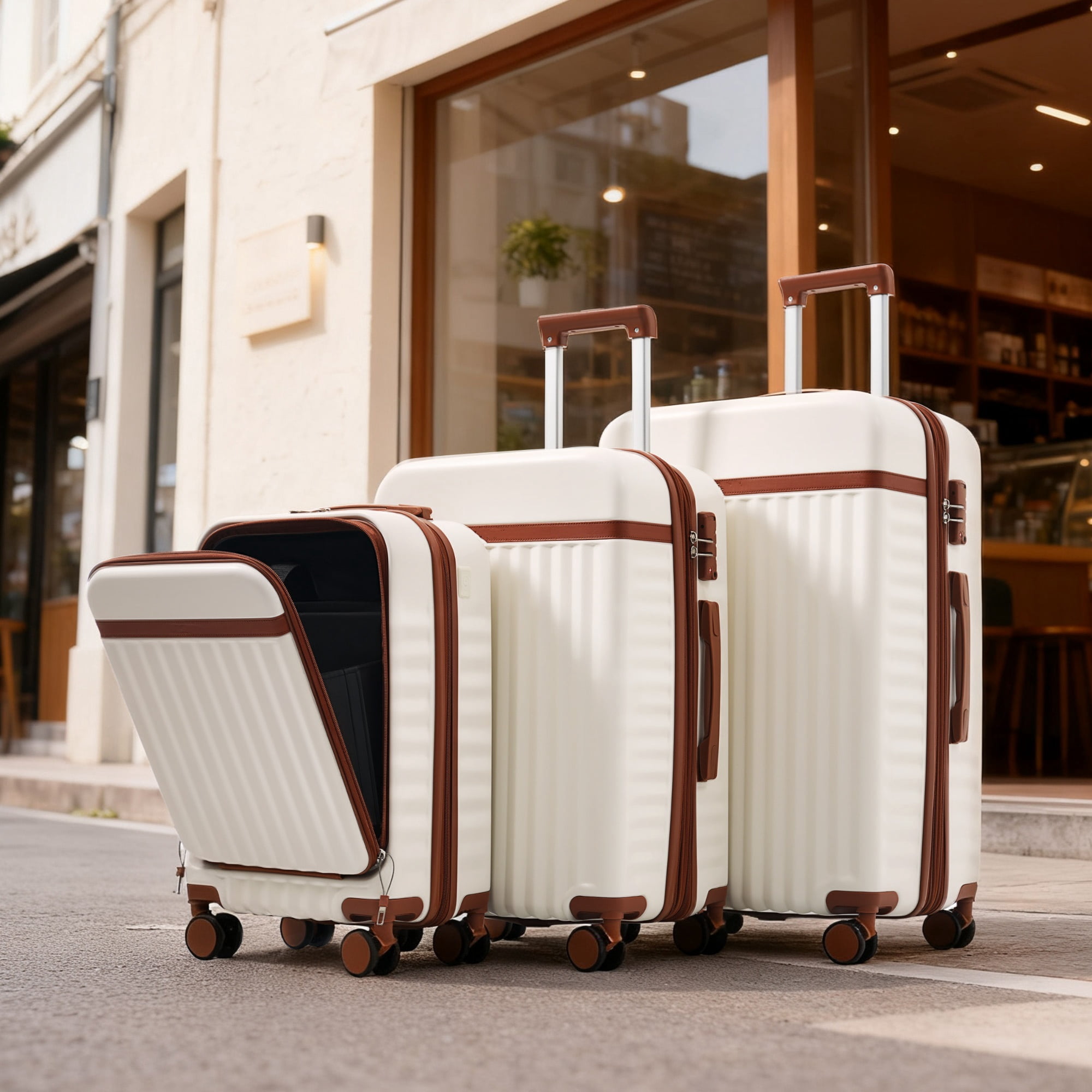 Euroco 3 Piece Front Opening Luggage Set, Hardshell Expandable Carry on Suitcase with Spinner Wheels,USB Port & TSA Lock, Lightweight Luggage for Travel,20in/24in/28in,White