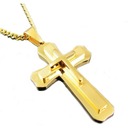 Men's Gold-Plated Stainless Steel 3D Cross Pendant, 24 Cuban Chain