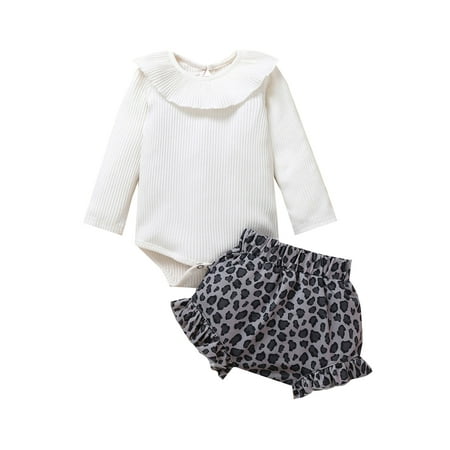 

Canrulo Lovely Baby Girls Boys Clothes 2pcs Ruffles Collar Long Sleeve Knit Solid Romper Leopard Shorts Set White 18-24 Months