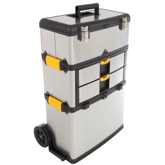 Portable Tool Box with Wheels ? Stainless-Steel Stackable 3-Part Tool Chest ? Extendable Handle and Tough Latches on the Mobile Tool Box by Stalwart