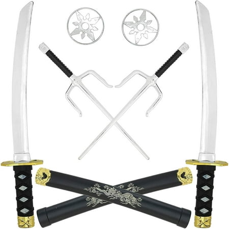 Skeleteen Ninja Weapons Toy Set - Fighting Warrior Weapon Costume Set with Katana Swords, Sai Daggers, and Shuriken Stars - 6 (Fight The Monsters Roblox Best Weapon)