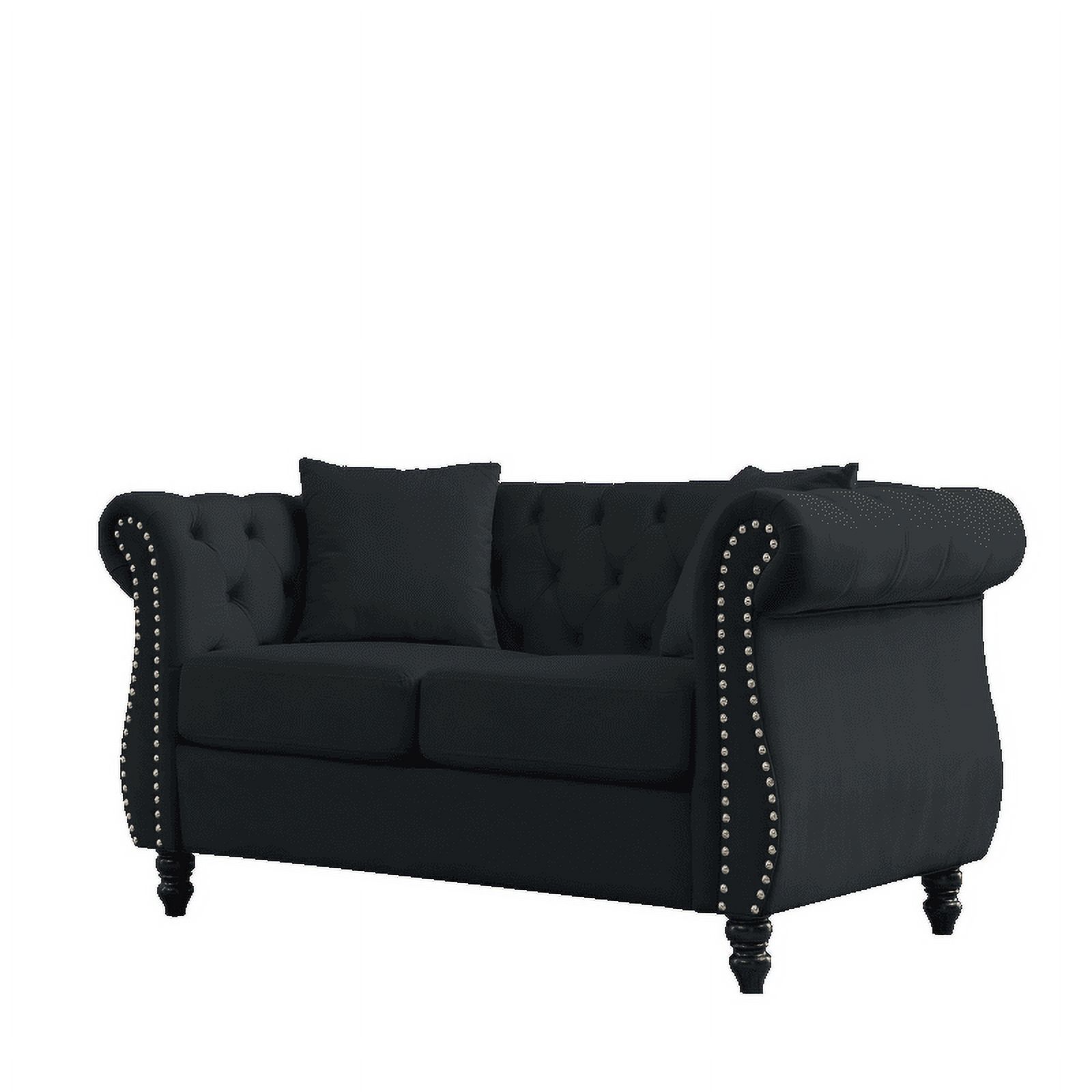 59" Loveseat Velvet Sofa, Chesterfield Tufted Sofa for Living Room, 2-Seater Sofa with Two Pillows,Rolled Arms and Nailhead, Couch for Living Room, Bedroom, Black